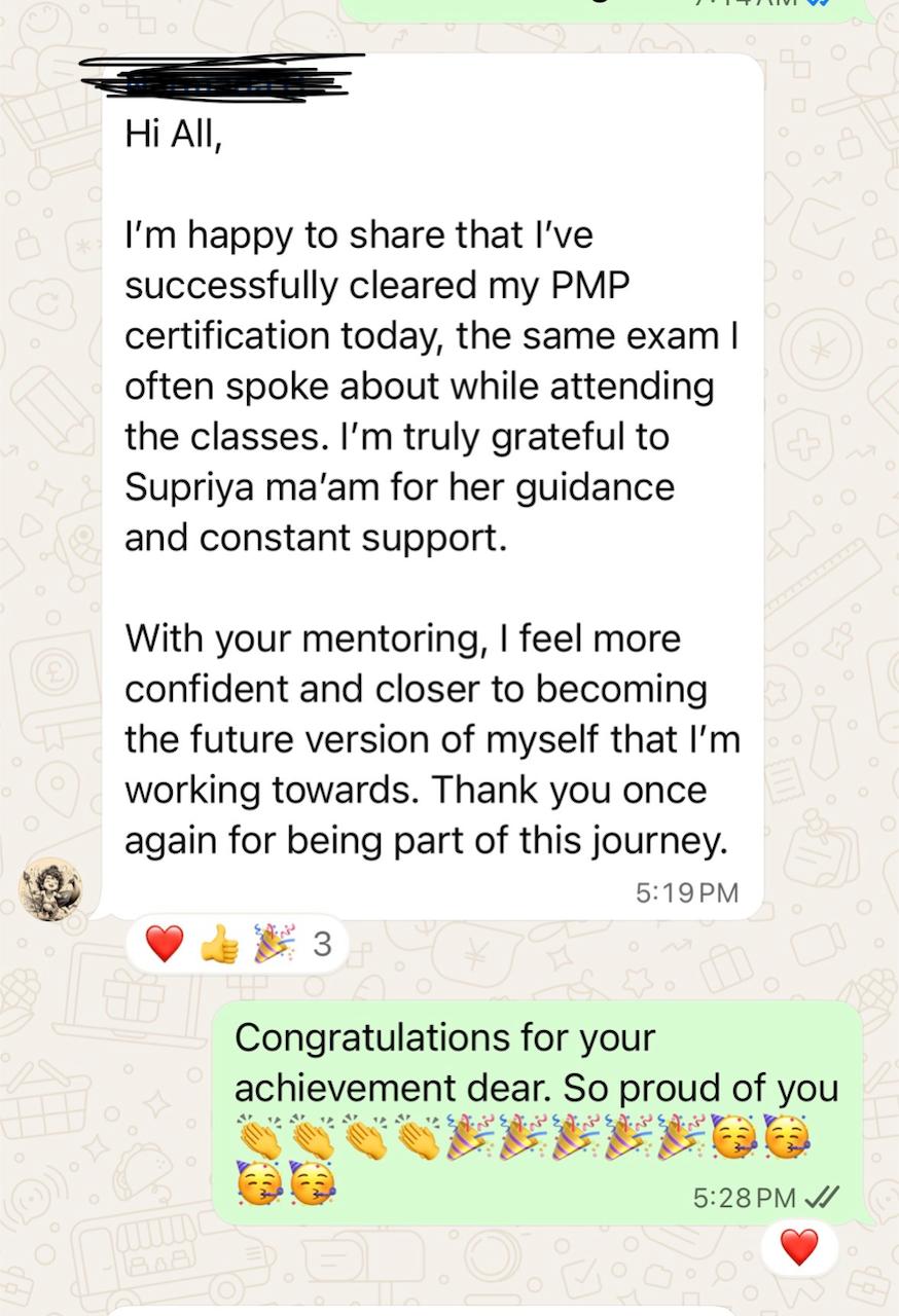 Narmada PMP certificate message